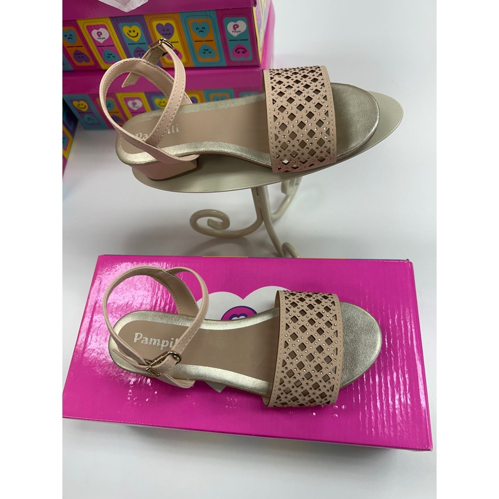 Pampili Girls Pink Laser Cut Rhinestone Dress Sandals Low Block Heel Metallic